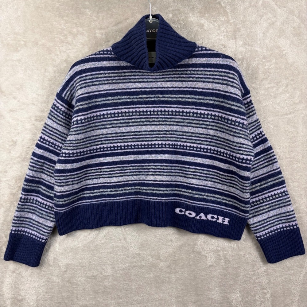 Coach Womens S Lavender Fair Isle Cropped Turtleneck Sweater Cashmere Blend